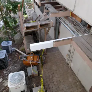 Library structural repair work, east side deck and stairs