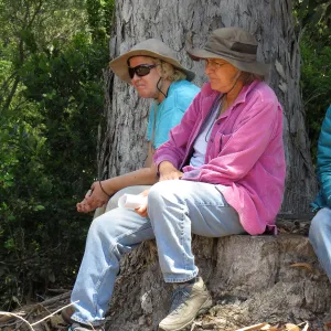 Santa Cruz Island Trip, Diane Galvan and Diane Fox sitting under eucalyptus tree