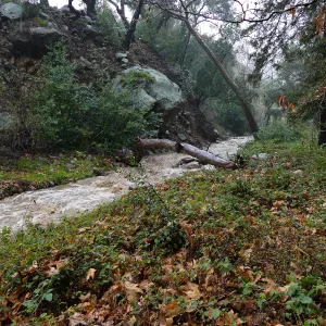 Mission Creek above dam during rainstorm