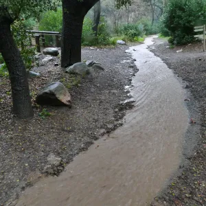 Stormwater flowing down Canyon Trail past Campbell Bridge