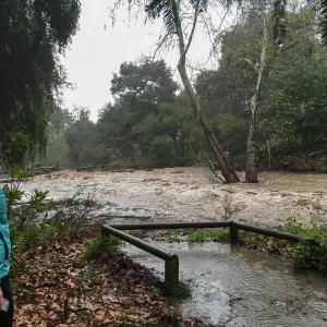 Mission Creek flowing towards Mission Dam during rainstorm