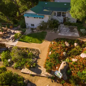 Aerial view of Home Demonstration Deck, Cottage, and Water Wise Home Garden