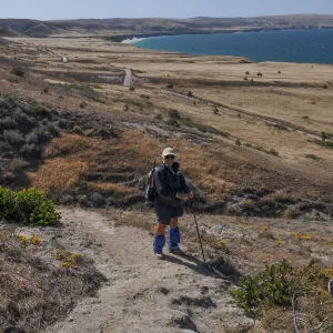 Santa Rosa Island Trip, Inge Rose hiking up toward Torrey Pines