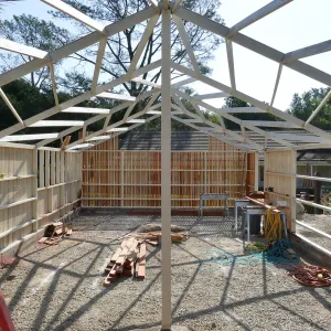 Garden Growers Lath House during repairs, looking east across interior