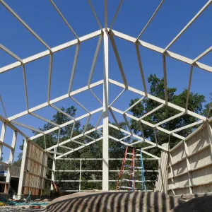 Garden Growers Lath House during repairs, looking west across interior