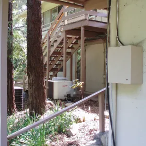 Stairs on east side of Blaksley Library from southeast corner of North Wing