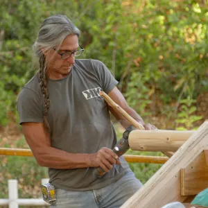 Teahouse & Garden Improvements 2017; Ken Kutcher working on roof details