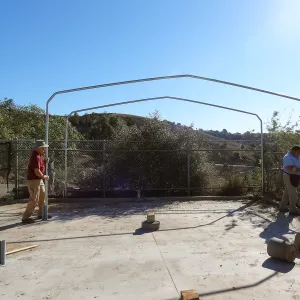 Construction at the Hort Unit, SBBG staff install the new shade structure, James Lechuga, Dave Kershaw