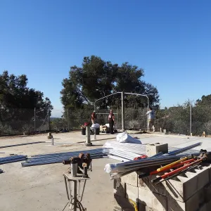 Construction at the Hort Unit, SBBG staff install the new shade structure, Heather Wehnau, Dave Kershaw, James Lechuga