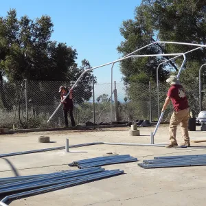 Construction at the Hort Unit, SBBG staff install the new shade structure, Heather Wehnau, Dave Kershaw
