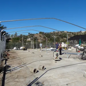 Construction at the Hort Unit, SBBG staff install the new shade structure