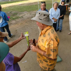 SBBG Staff Picnic 2018, paper airplane contest winner Dave Kershaw receives prize