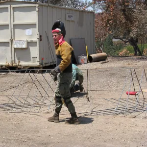 Construction of Herb Parker's â€˜Haven' labyrinth, welding roof framework, Herb Parker