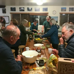 Dennis Houghton and John Kuizenga in foreground, Shared dinner, Santa Rosa Island Research Station Lodge Kitchen