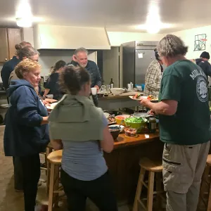 Shared dinner, Santa Rosa Island Research Station Lodge Kitchen