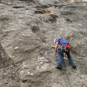 Stephen McCabe scales a cliff to collect seed from Dudleya cymosa subsp. ovatifolia, Malibu Creek State Park