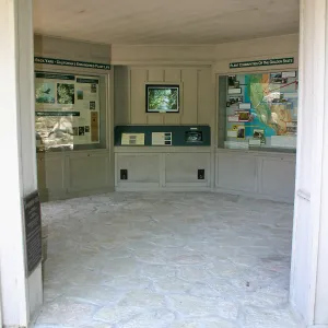 View through north entrance of Information Kiosk
