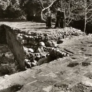 Franciscan Padres on old Mission Dam, before 1940