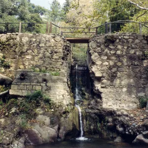 modern railing and footbridge, Mission Dam, SBBG