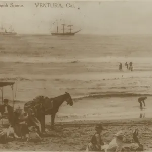 Ventura Beach Scene with Horse, Buggy, Ships in Ocean