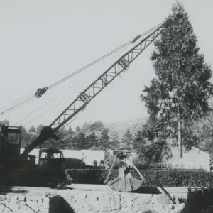 North Wing construction, crane lifting tree removed from the Arroyo
