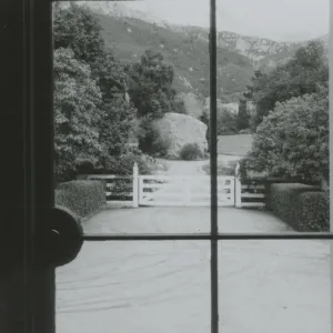 mountain view through the front windows of the Balskley Library