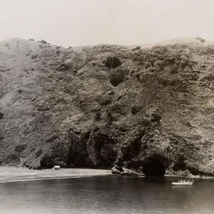 boat in harbor and tent camp on beach, Santa Cruz Island