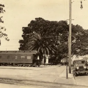 Black and white photograph of city street with car and train in front of large tree. 