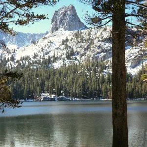 A pine forest grows on the far side of a lake at the base of snow covered mountains. In the distance, a distinctive mountain peak juts high above the surrounding mountains. 