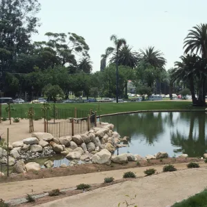 A park featuring paths separated by small bushes in beds of soil. A fenced area lined with large stones containing several young trees on trellises juts into a large pond. 