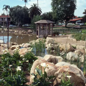 A stream lined by large stones and and dotted with green, reedy plants runs between a bed of white calla lilies and a wide path before emptying into a large pond. A wooden gazebo juts out over the pond at a bend in the path. 