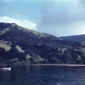 boat anchored in Prisoners Cove, Santa Cruz Island, ca. 1939-1940