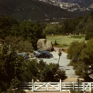 Meadow and mountain view from the top of the Blaksley Library, Members' Day, April 16, 1944, S.B. Botanic Garden
