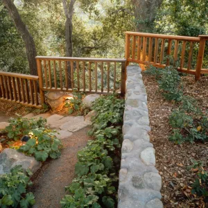 walkway to the Home Demonstration Deck, rock reatining wall with border planting