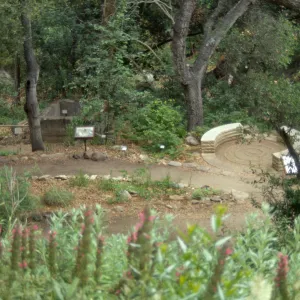 Distance view of Fiber Arts Display and spiral bench