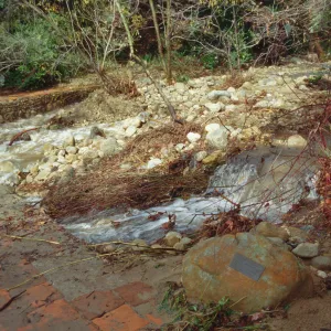 Mission Creek at flood stage above the Mission Dam