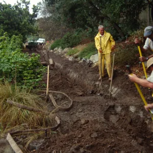 SBBG Grounds staff work to repair a broken water main in the Meadow