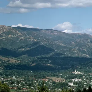 view of Santa Barbara (St. Anthony's Seminary) and Santa Ynez Mountains from Campanili on UCSB campus
