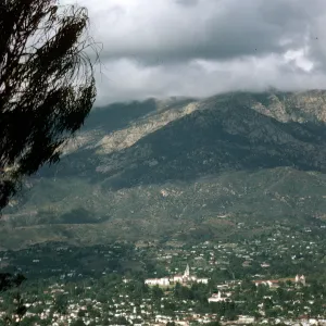 view of Santa Barbara Mission and St. Anthony's Seminary, from the mesa toward the Santa Ynez Mountains