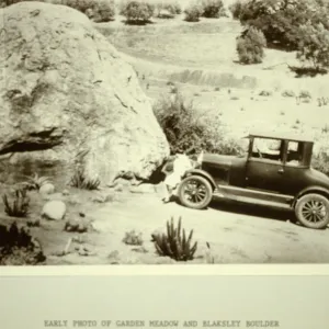 'early photo of garden Meadow and Blaksley Boulder' lady sitting on front of old automobile