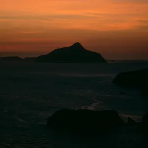 Santa Cruz Island, sunrise over Anacapa Island, from hill above Scorpion Ranch