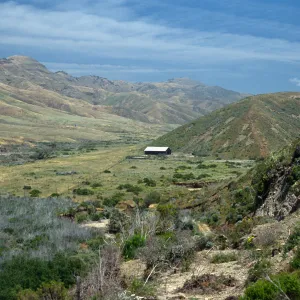 View of Christy Barn and inland road to Pozo, Santa Cruz Island