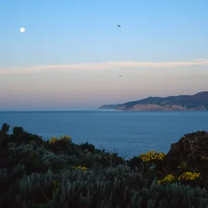 West Anacapa Island, sunrise w/moon over Santa Cruz Island