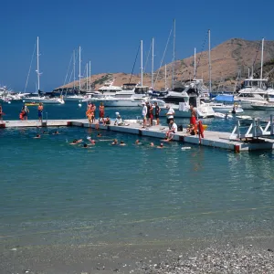 swimmers at pier, Cherry Cove, Catalina Island
