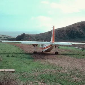 â€œIslanderâ€ taking off on ranch airstrip, Santa Cruz Island
