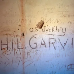 Graffiti at ranch, at Smugglers Cove, upstairs at East end, Santa Cruz Island